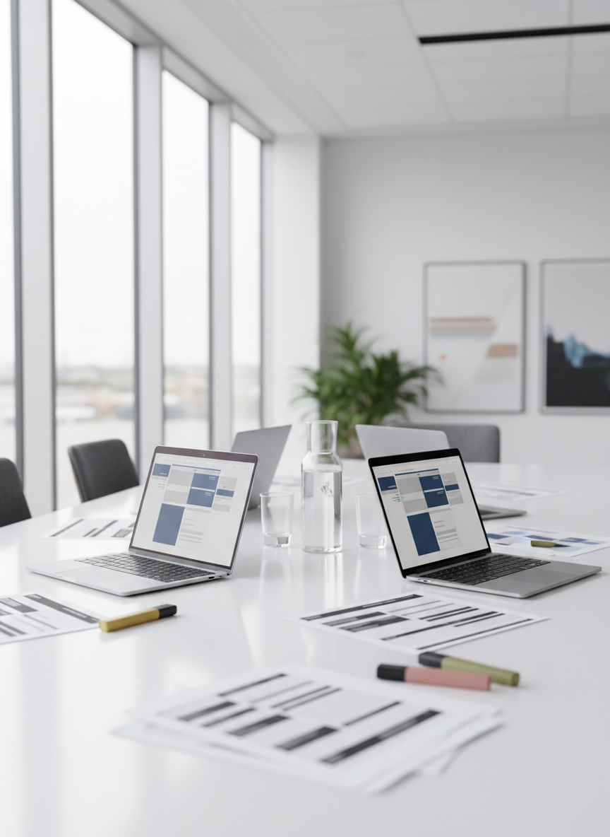 A clean, modern meeting table photographed in photographic realism, symbolizing strategic content workshops without showing people. On the table sit three open laptops angled toward each other, each screen displaying blurred interface layouts. Between them lie structured printouts with blocky, unreadable text, highlighters in muted colors, and a minimal glass carafe of water with matching tumblers. Natural daylight from a floor-to-ceiling window at the edge of the frame creates bright, even illumination and soft reflections across the table’s matte white surface. The slightly wide-angle, eye-level composition suggests collaboration, clarity, and professionalism, making it ideal for illustrating stakeholder collaboration, discovery sessions, or content strategy engagements.