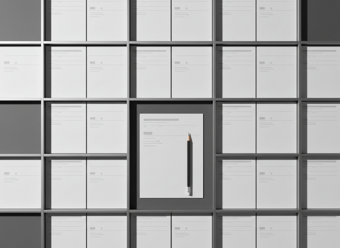 An abstract overhead composition symbolizing editorial clarity: sheets of crisp white paper arranged in a precise grid across a matte charcoal surface, each page containing faint gray lines and blocks to suggest content without readable text. Between the pages, slim metallic dividers create clean columns, echoing structured information architecture. A single sheet in the center is perfectly aligned, with a high-quality graphite pencil resting along its edge. Soft side lighting from the left casts delicate, parallel shadows, emphasizing order and hierarchy. The mood is calm, meticulous, and highly professional, with photographic realism and a minimalist aesthetic. This conceptual image is ideal for illustrating editing rigor, content systems, and the craft of refining complex information into clear, usable narratives.