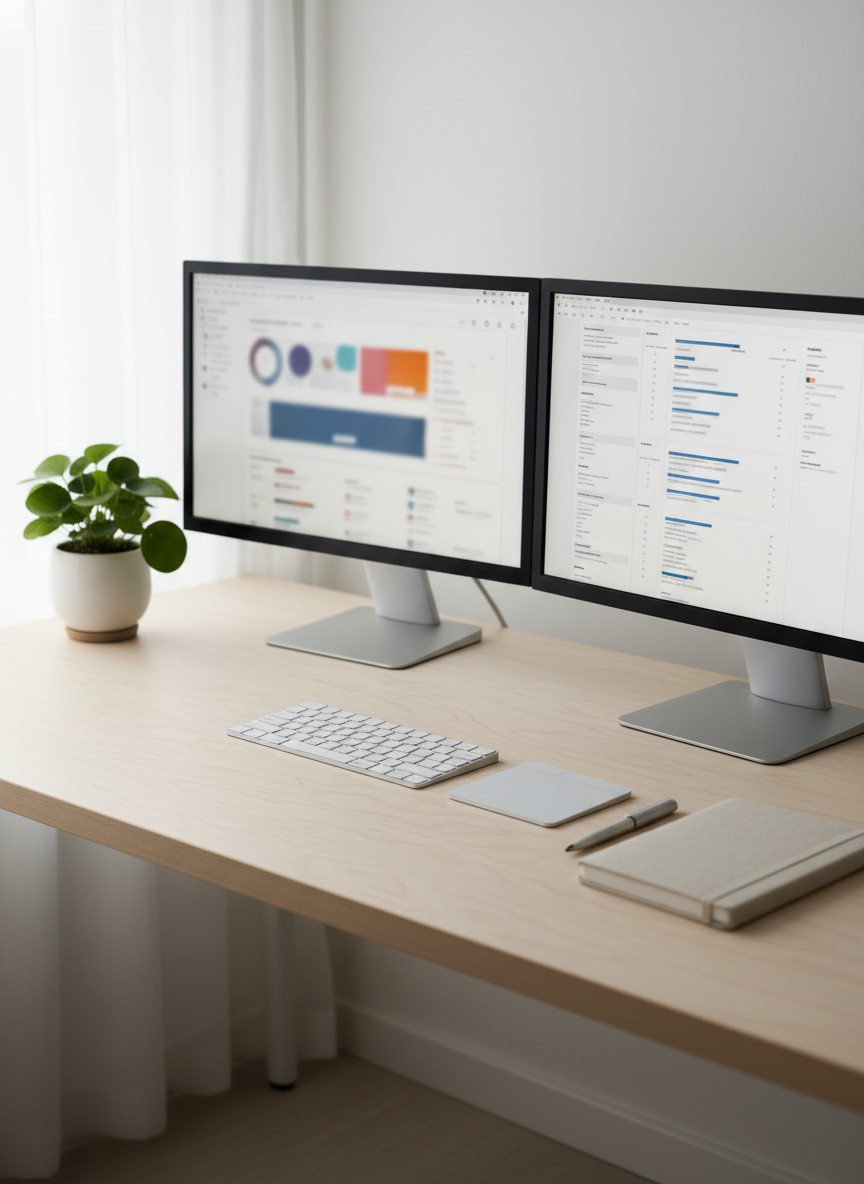 An ultra-tidy dual-monitor workspace for a lead content designer, photographed from a slightly elevated angle. One monitor shows a blurred content strategy dashboard, the other an indistinct document filled with structured paragraphs and headings, avoiding legible text. A slim wireless keyboard, trackpad, and a closed, linen-textured notebook with a metal pen rest on a pale birch desktop. A single leafy plant in a white ceramic pot adds a touch of green. Soft, even daylight filters through a sheer curtain, creating a neutral, shadow-free environment that feels calm, organized, and analytical. The image uses photographic realism with sharp focus throughout and a balanced, centered composition, ideal for a portfolio section describing services and capabilities.