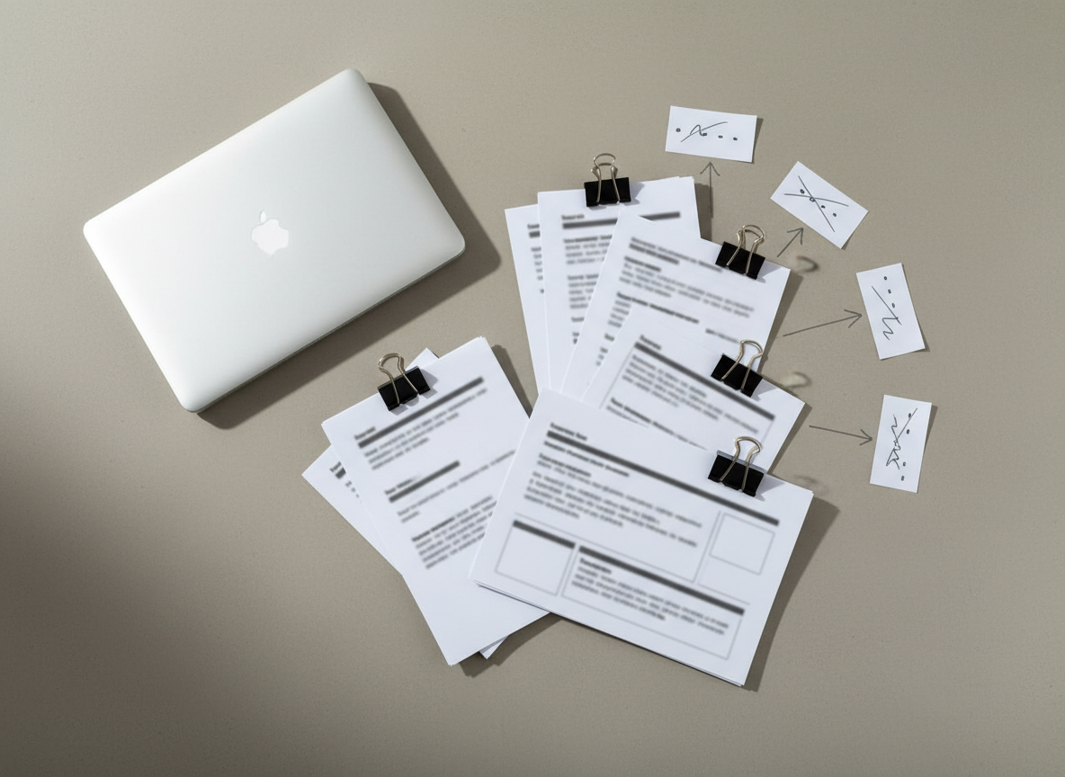 A refined flat-lay of a content project in progress on a smooth, pale concrete surface. A closed, silver laptop anchors one corner, while printed page mockups with blurred copy are clipped together with sleek black binder clips, radiating outward like a case study narrative. Thin arrows sketched in soft graphite connect sticky notes labeled only with abstract shapes and lines, suggesting user journeys without readable words. A subtle gradient of natural light from the top of the frame creates gentle contrast, with soft shadows under every object. Shot straight down with photographic realism and crisp detail, the composition feels intentional, analytical, and quietly confident, perfectly suited for a portfolio case study or process explanation.