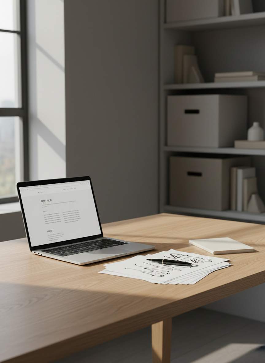 A sleek, modern writing desk made of light oak stands against a soft gray wall in a minimalist home office, symbolizing a professional writer’s portfolio homepage. An open laptop displays a clean, text-focused layout, while neatly stacked draft pages with visible but unreadable markings fan out beside a fine black fountain pen and a slim notebook. A large window to the side lets in diffused morning light, casting gentle, elongated shadows and subtle highlights on the laptop’s metal edges. The background falls into a soft bokeh of organized shelves with neutral-toned storage boxes. Photographic realism at eye-level, composed with the rule of thirds, creates a calm, focused, and credible atmosphere that immediately signals expert content design and writing.