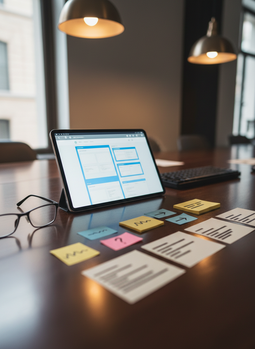 A close-up, cinematic shot of a polished, dark wooden table covered with carefully arranged writing tools that represent a content designer’s process: a tablet with a wireframe layout, index cards with blurred text blocks, color-coded sticky notes, and a pair of minimalist metal-framed glasses folded neatly. A slim, matte-black keyboard sits slightly out of focus in the background. Soft overhead pendant lighting combines with faint daylight from an unseen window, creating a balanced, professional glow and crisp reflections on the tablet’s screen. The composition uses a shallow depth of field and diagonal lines formed by the index cards, conveying structure, clarity, and strategic thinking in content design. Photographic realism with a clean, modern aesthetic reinforces a sense of precision and expertise.