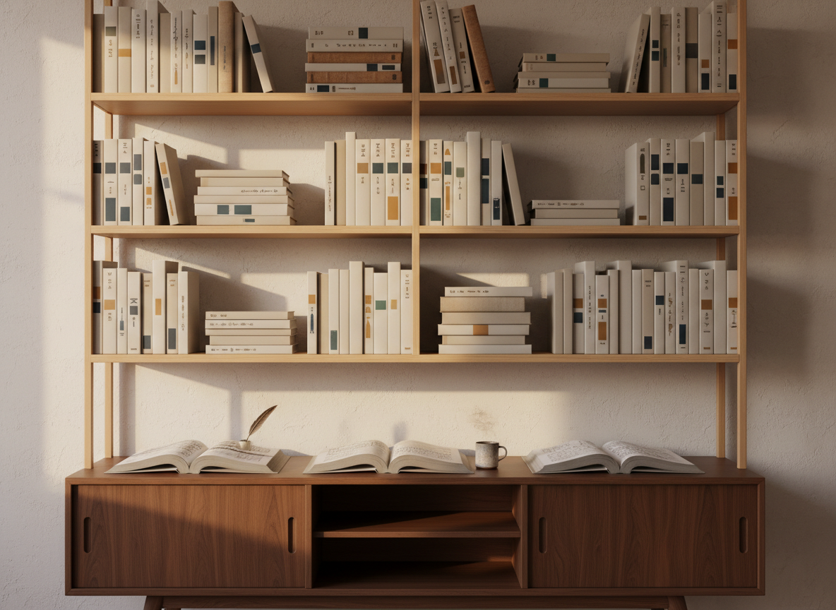 A sophisticated, minimalist bookshelf in photographic realism, filled with neatly arranged neutral-toned books that subtly represent a writer’s experience and credibility. The spines have no readable titles, only elegant blocks of color and abstract symbols. A few books lie open on a mid-century modern sideboard below, their pages filled with faint gray lines to suggest dense, thoughtful content. Soft, indirect afternoon light washes over the scene from a nearby unseen window, creating gentle gradients across the book spines and casting delicate shadows. The camera is at eye level with a slightly off-center composition, giving a calm, intellectual, and authoritative atmosphere, ideal for an “About” or “Experience” section of a professional writing portfolio.