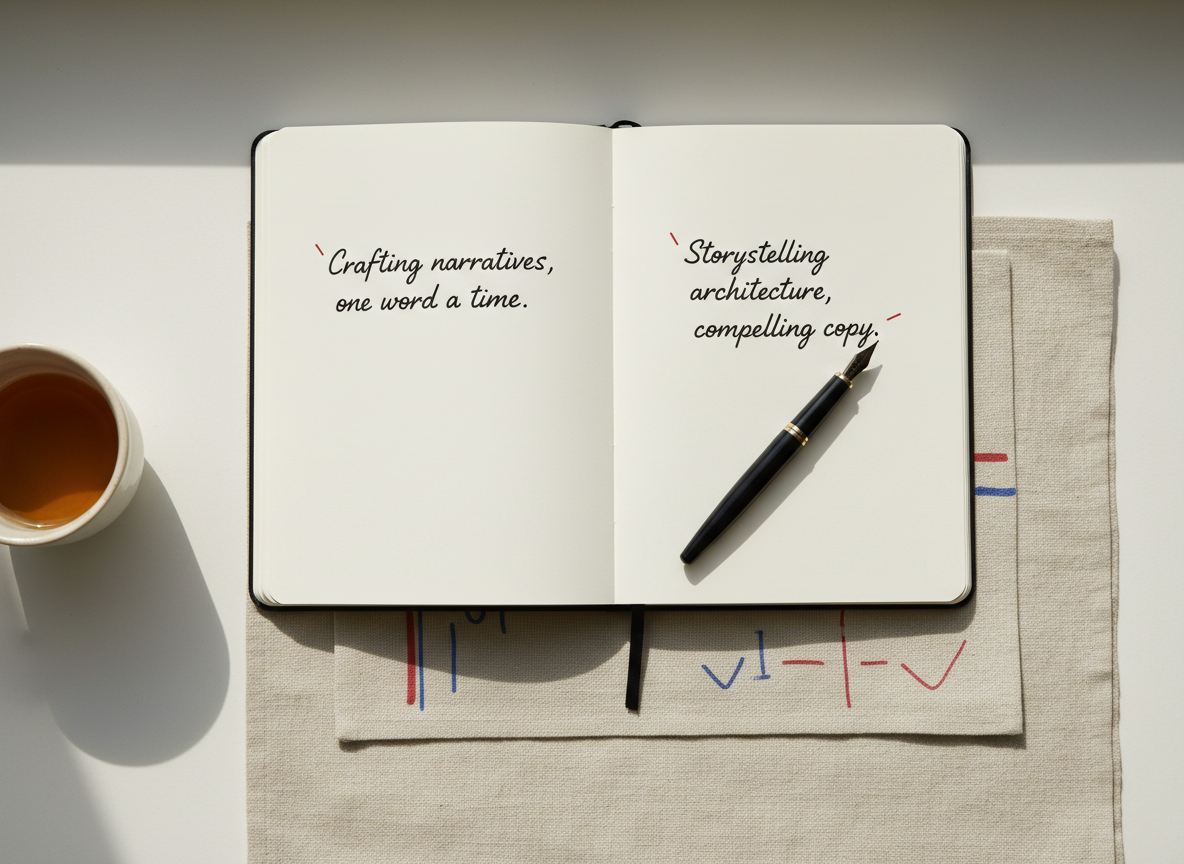 Copywriting workspace with open notebook and pen
