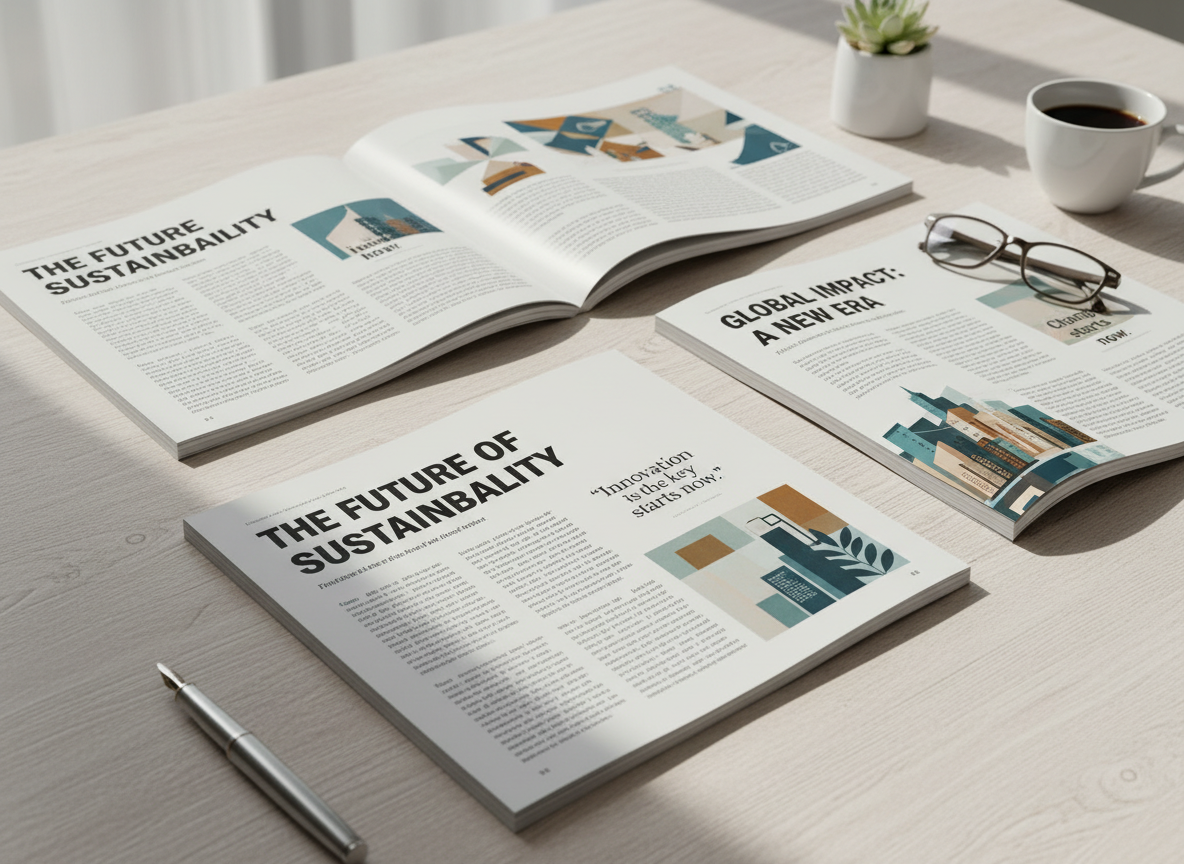 Editorial magazine spreads and printed pages on a light surface
